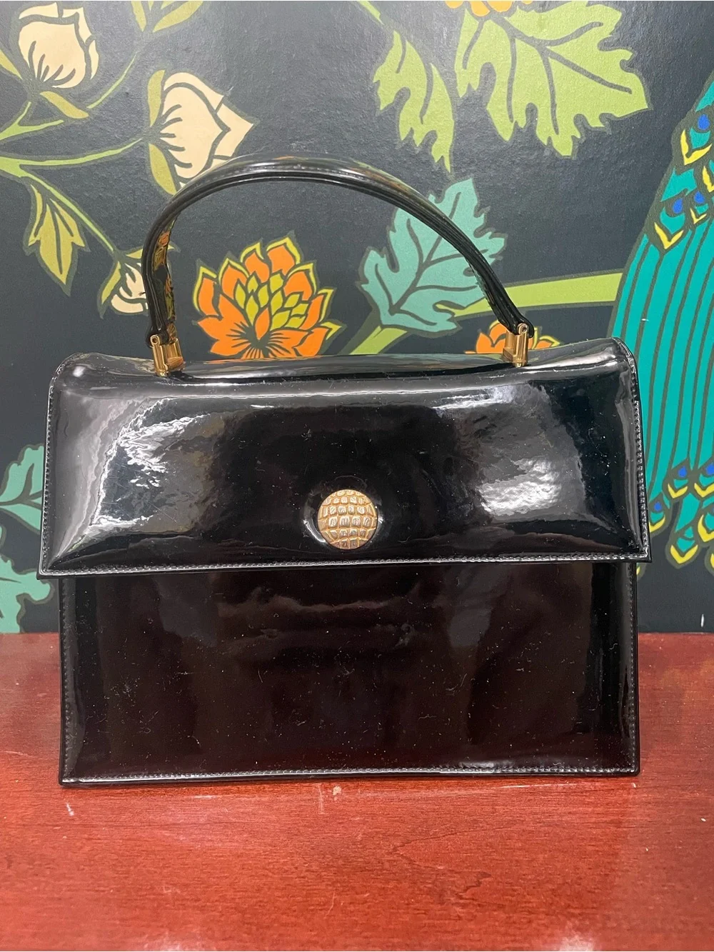 Vintage Bienen-Davis Black Patent Leather Top Handle Handbag with mirror